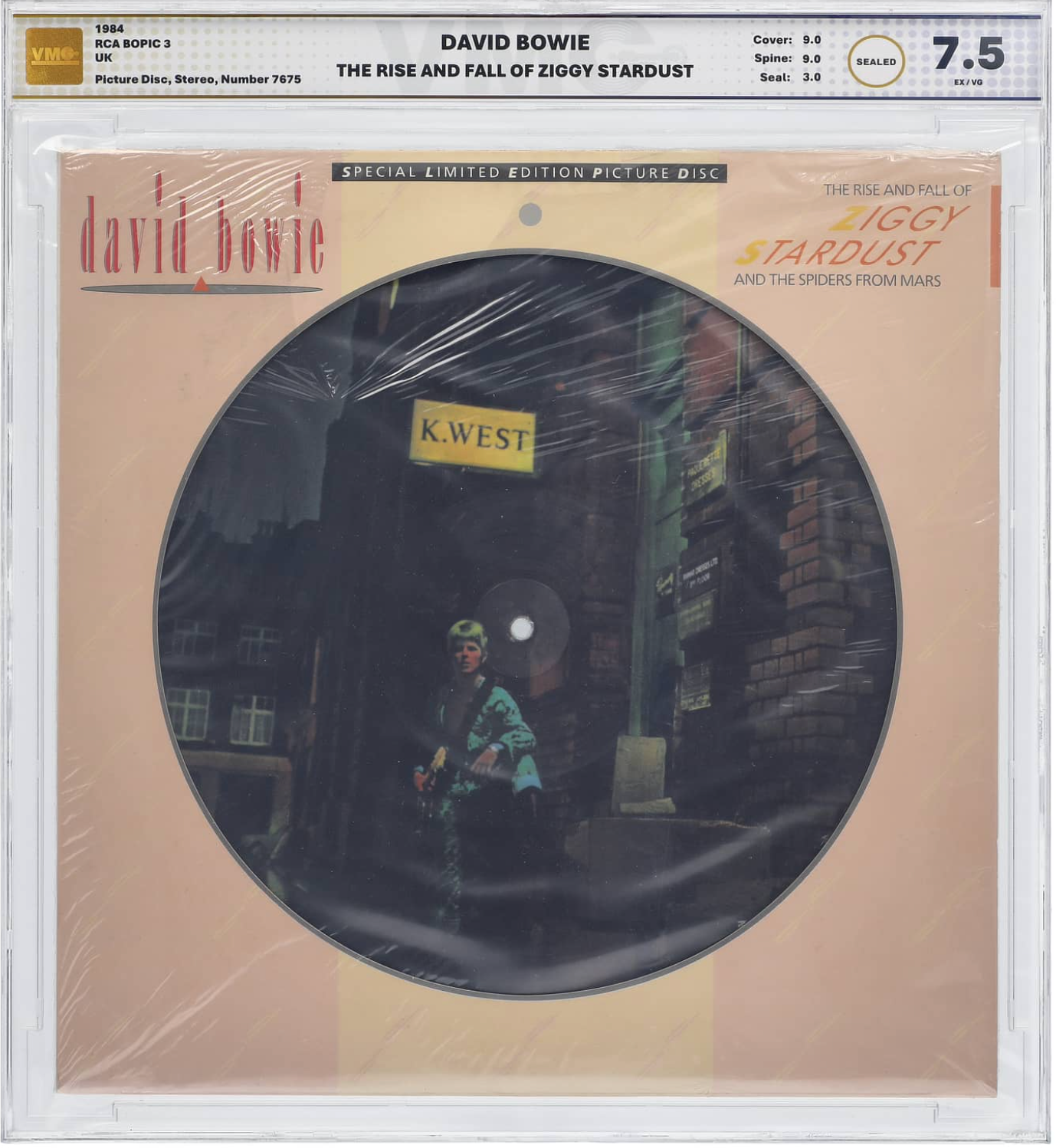 1984 David Bowie The Rise and Fall of Ziggy Stardust and the Spiders from Mars Vinyl Record – Picture Disc – Stereo – Sealed Numbered #7675 – VMG GRADED EX/VG 7.5